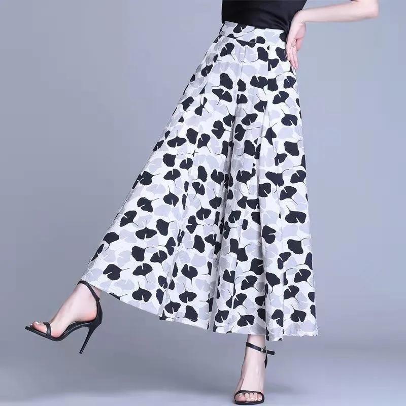 Flower Print Wide-leg Pants Women's Summer Large Size High Waist Loose Drape Thin Trousers Elastic Waist Skirt Pants