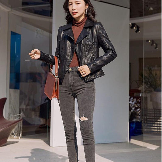 Black Female Leather Jacket Spring and Autumn Slim Slimming Short Lapel All-match PU Leather Jacket