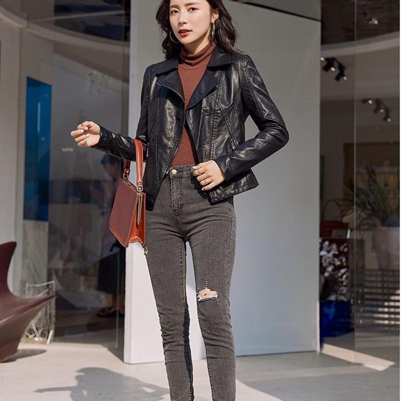 Black Female Leather Jacket Spring and Autumn Slim Slimming Short Lapel All-match PU Leather Jacket