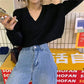 Autumn Winter College Style Wild Loose Short Back Button V-neck Sweater Women Sweater