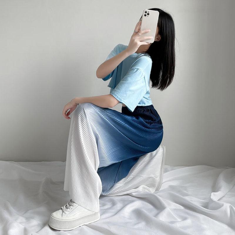 Gradient Color Ice Silk Wide-leg Pants Women's High-waisted Slim Drape Loose Straight Casual Pants Summer Printed Trousers