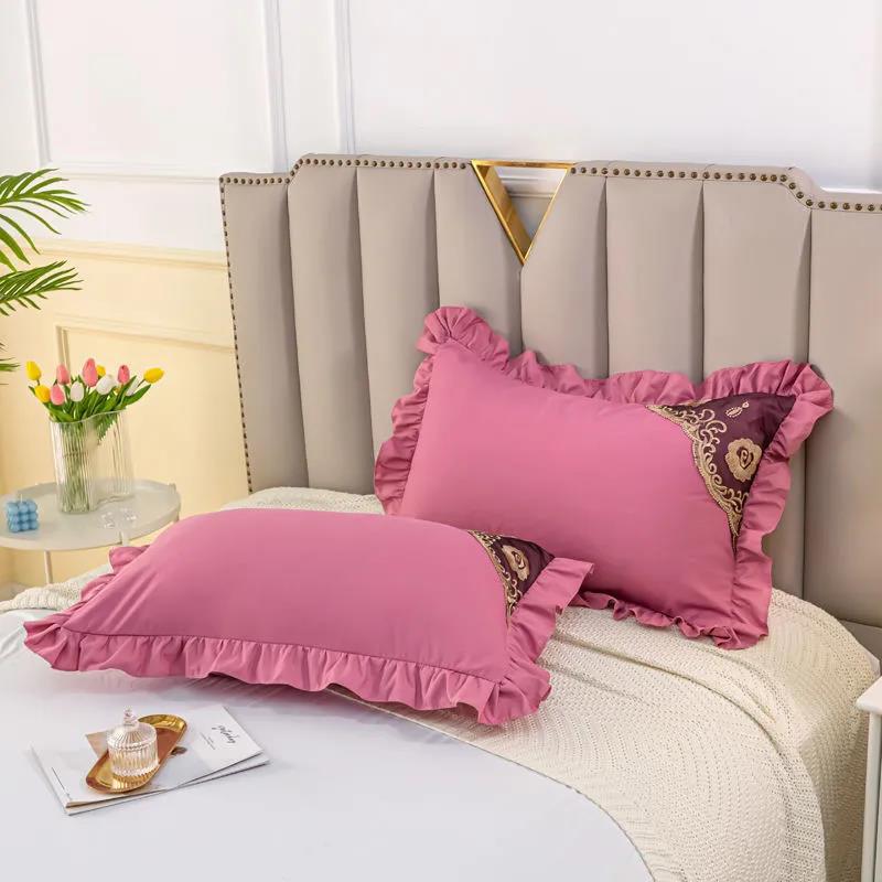 Lotus Leaf Pillowcase Princess Style Pure Color Pillowcase Lace Double Pillowcase One Pair Set 48*74cm