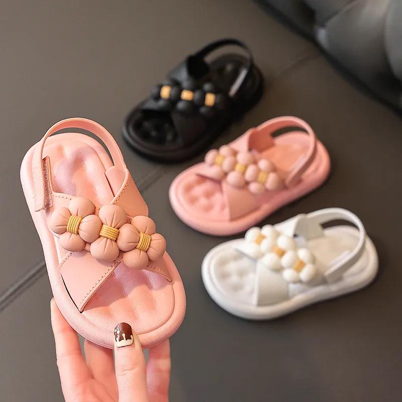 Children's Sandals Summer Girl's Princess Non-slip Soft Sole Beach Sandals Kid's Large Size Solid Color Flowers Sandals