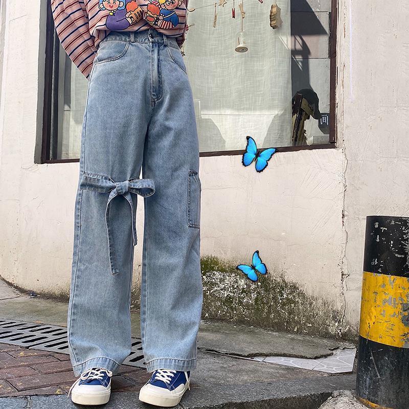 WTEMPO Jeans Women's Loose Spring and Summer High Waist Straight-leg Pants Big Bow Decoration Young and Energetic