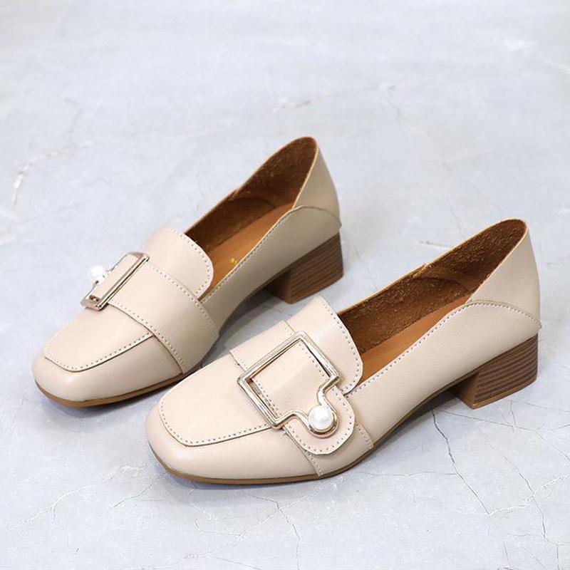 Leather Shoes Retro Square Toe Mid-heel Thick Heel Single Shoes Wild British Style Loafers Women's Mid-heel Comfortable Leather Shoes