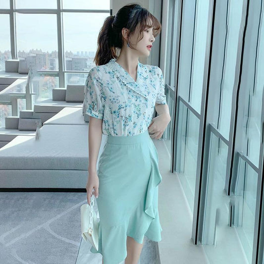 Chiffon Shirt Floral Short-sleeved Suit Female Sweet Temperament Thin Fishtail Skirt Two-piece Retro Style Skirt Chiffon Fishtail Skirt