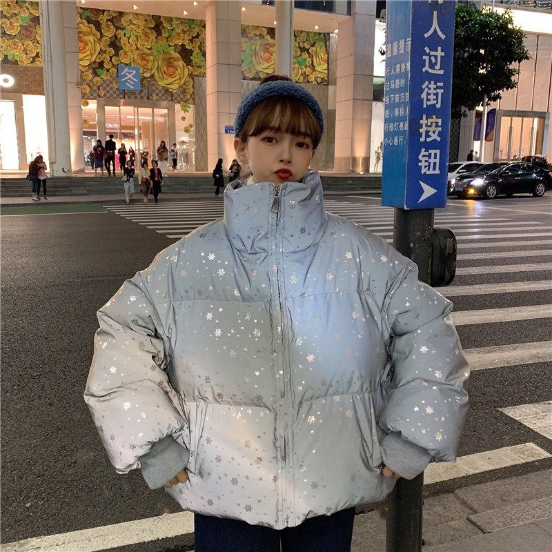 Cotton-padded Jacket Women's Short Winter Korean Version of Loose Snowflake Shiny Padded Jacket Student Bread Jacket