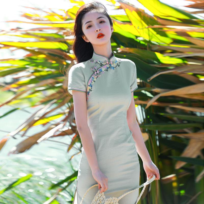 Summer casual cheongsam sexy split skirt Chinese style cheongsam dress female mid-length