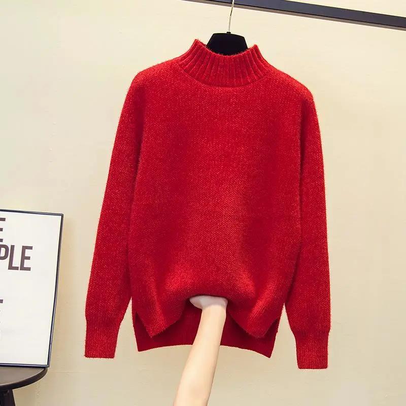 Half Turtleneck Imitation Mink Fleece Thickened Sweater Women's Korean Style Loose Pullover Knitted Bottoming Shirt