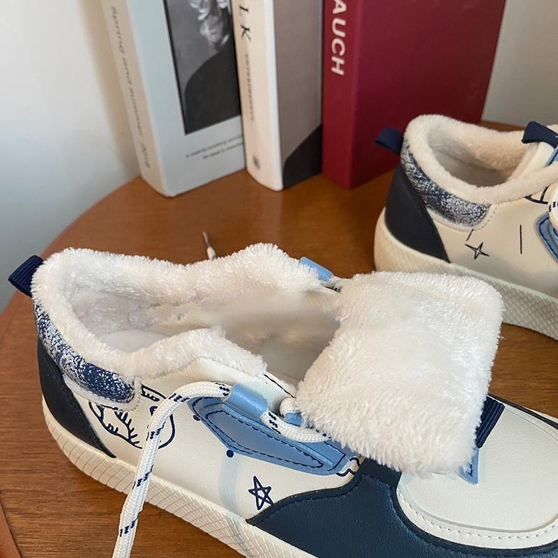 Women's White Shoes with Plush In Autumn and Winter Warm and Comfortable All-match Sneakers