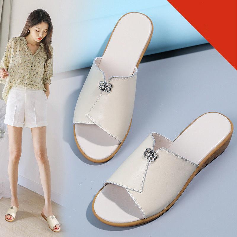 Slippers Women's Summer Wear Leather Non-slip All-match Wedge with Flip Flops Tendon Bottom Wear Sandals Women's Non-slip Slippers