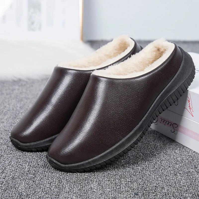 Women Unisex Winter Home Slippers Leather Waterproof Non Slip Slippers Plush Warm Indoor