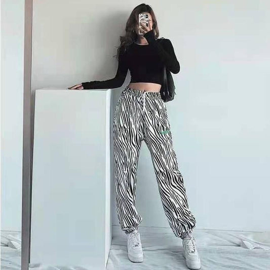 European and American Loose High-waist Jazz Hip-hop Zebra Pattern Trousers with Leggings Sports Pants Female Ins Tide Casual Hip-hop Pants
