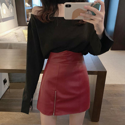 Women PU Leather Skirt Red/Black Faux Leather Skirts Office Lady Knee Length Bodycon Midi Skirt
