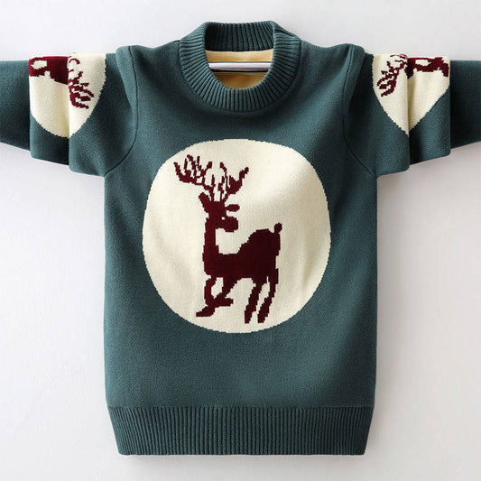 Boys Sweater Pullover Fall Winter Round Neck Sweater Middle and Large Children's Cotton Base Warm Sweater