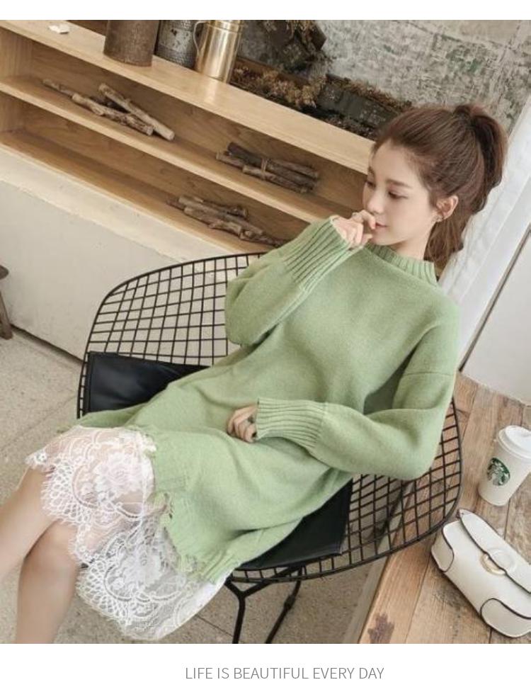 Pofulove 6 Colors Women Chic Pullover Sweater Dress  Half-Turtleneck Lace Knitted Long Skirt