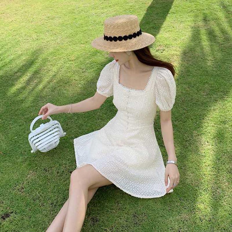 Elegant Flower Pearl Short Dress Women Sexy Spaghetti Strap Summer Sundress Female Short Beach Dress