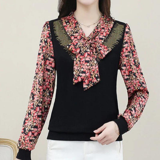 Printed Top Women's Long-sleeved Spring and Autumn T-shirt V-neck Chiffon Shirt Loose Shirt