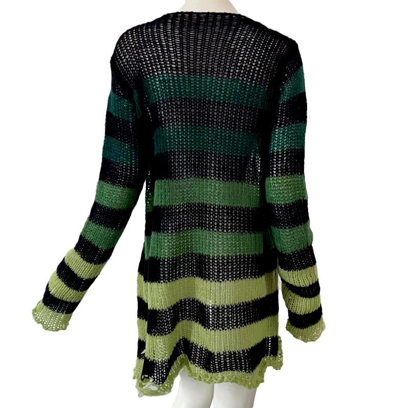 Sweater Women Stripe Ripped Pullover Mid-length Punk Loose Openwork Knitwear Top Trending Aesthetic Purple Sweater Dress Jumper