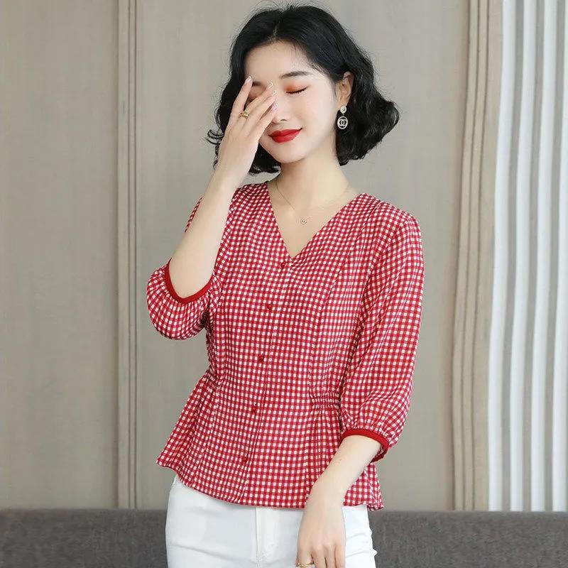 Women's Waist Short Sleeve T-Shirt Summer V-Neck Loose Print Short Top