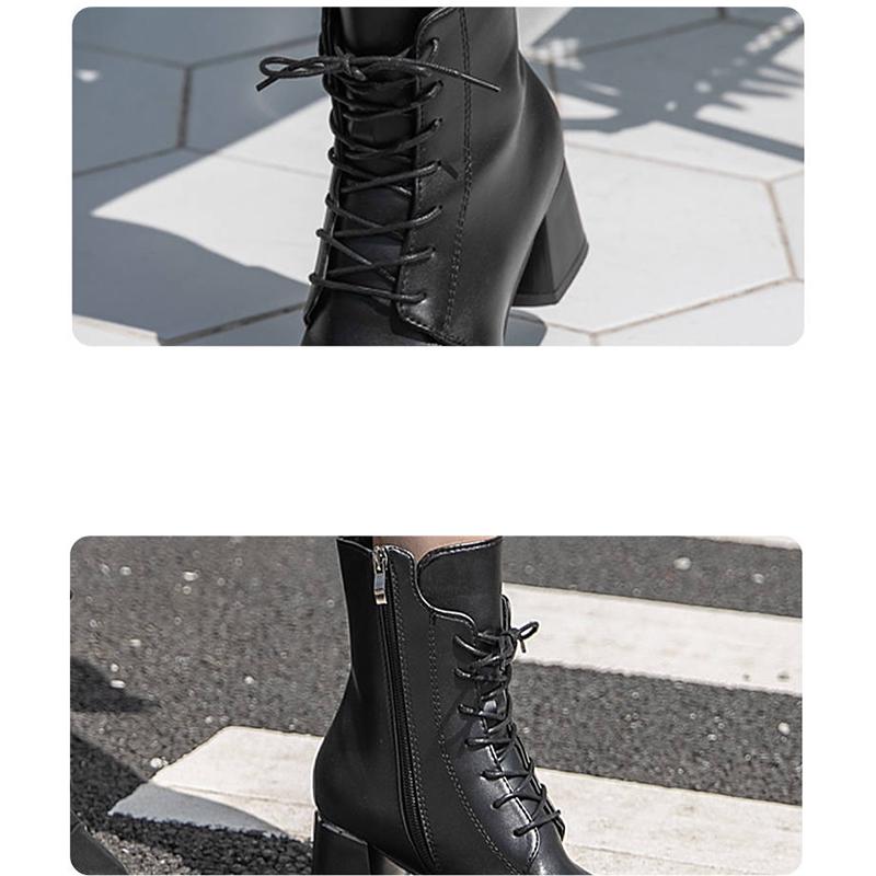 Martin Boots Women's High-heeled Thick Lace-up Ankle Boots Female British Wind with Pointed Boots