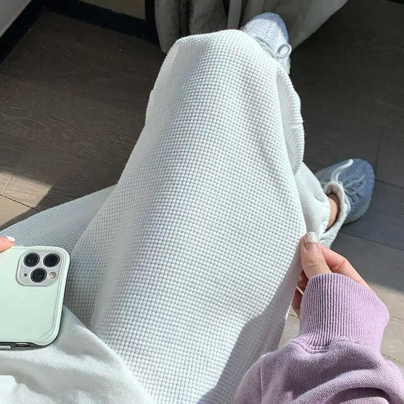 Waffle Pants Women's Autumn and Winter Plus Velvet Thickening Small Foot Pants Sports Loose Leisure Students Can Not Afford To Play