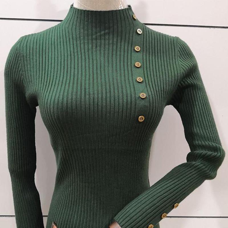 Long-sleeved Casual Bottoming Sweater Women's Spring and Autumn Thin Slim Half Turtleneck Buttoned Sweater Short Style Top