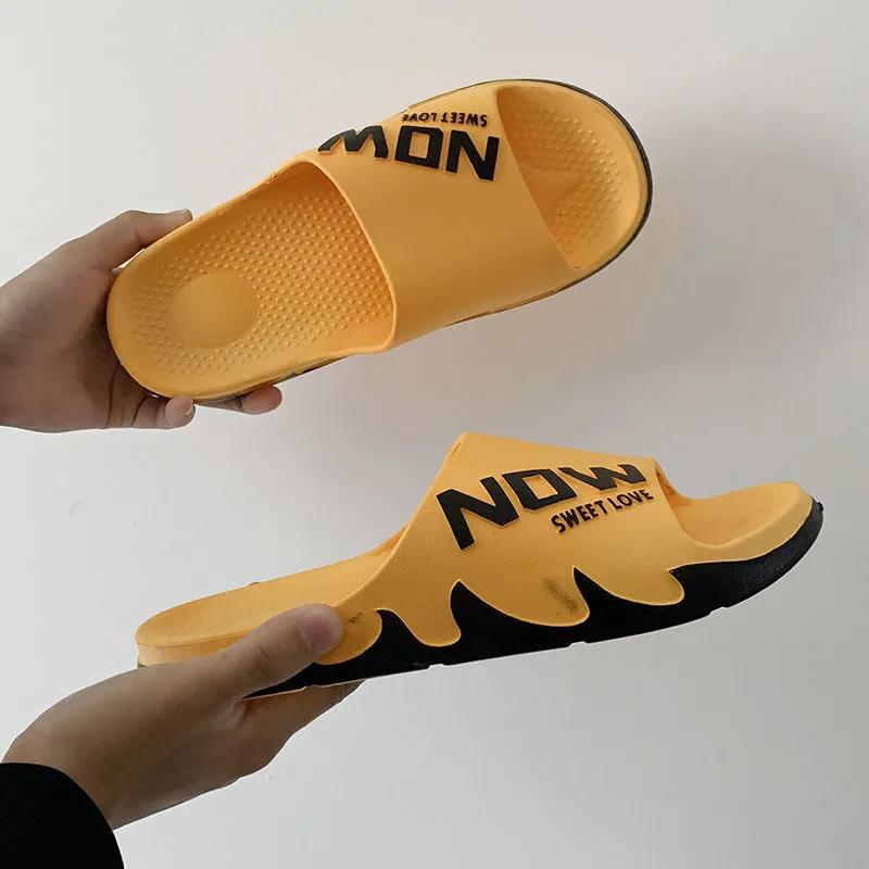 Man's Summer Slippers Anti-slip Indoor Bathroom Flat Slippers Female Soft Sole Letter Print Solid Slippers