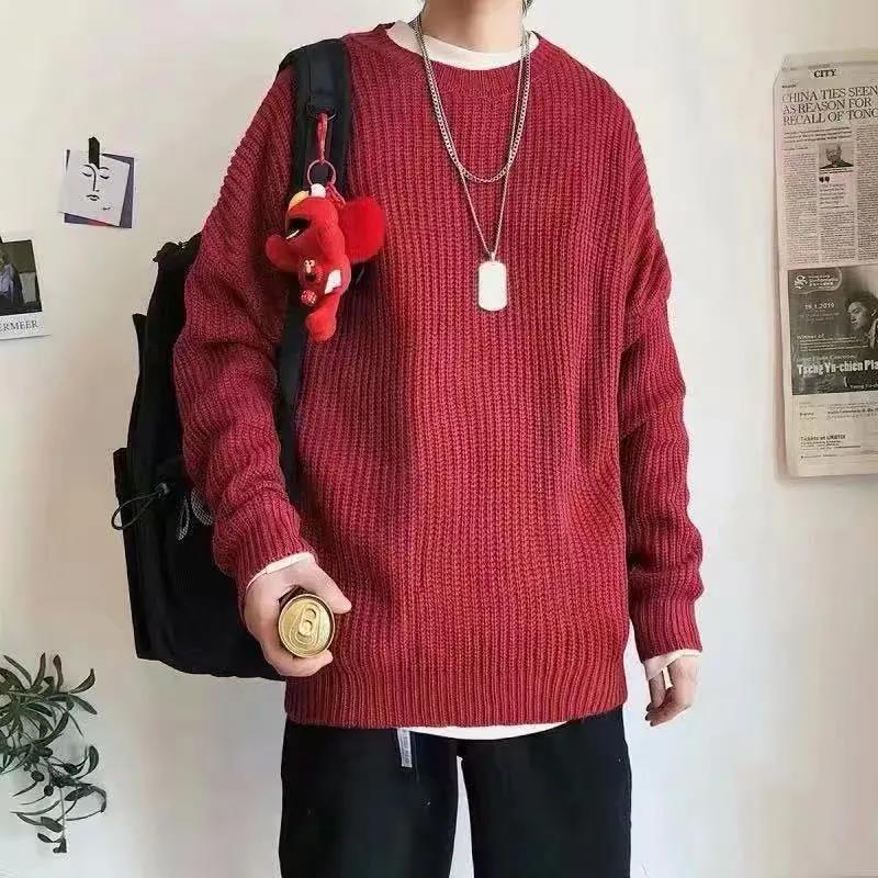 Round Neck Sweater Men Fall and Winter with A Pullover Base Sweater Loose Plus Velvet Thick Trend Top