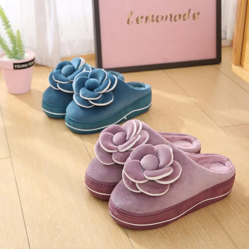 Women Autumn and Winter Indoor Slippers Solid Color Warm Plush Home Slipper Non Slip Flat Soft Flower Slippers