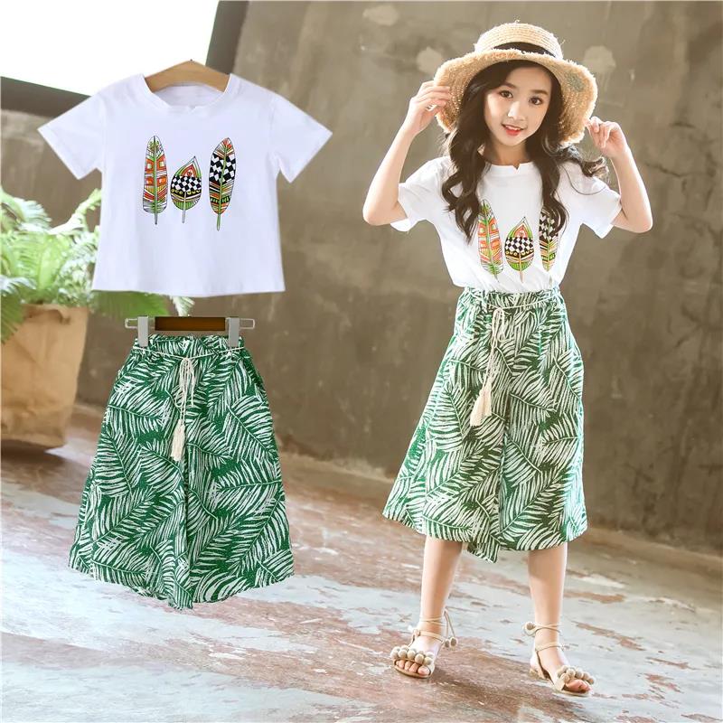 Girls' Summer Fashionable Suits Big Kids Children's Clothes Western Style Wide-leg Pants Printed Two-piece Suit