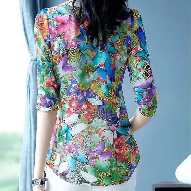 Spring and Autumn Mother Long-sleeved T-shirt Women's Floral Loose Top Bottoming Shirt Women