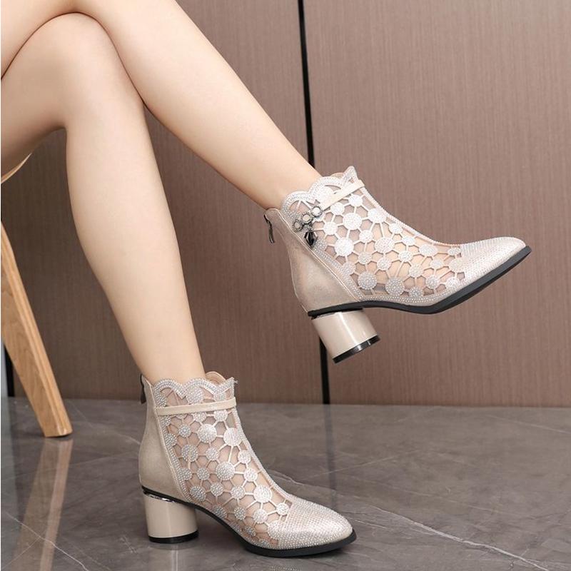 Sandals Women's Mesh Cool Boots All-match Hollow Rhinestone Breathable Thick-heeled Ankle Boots Women's Black High-heeled Boots