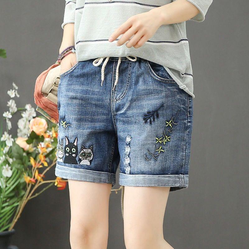 Elastic Waist Embroidered Denim Shorts Women's Loose Summer High Waist Was Thin and Thin Casual Straight Denim Shorts