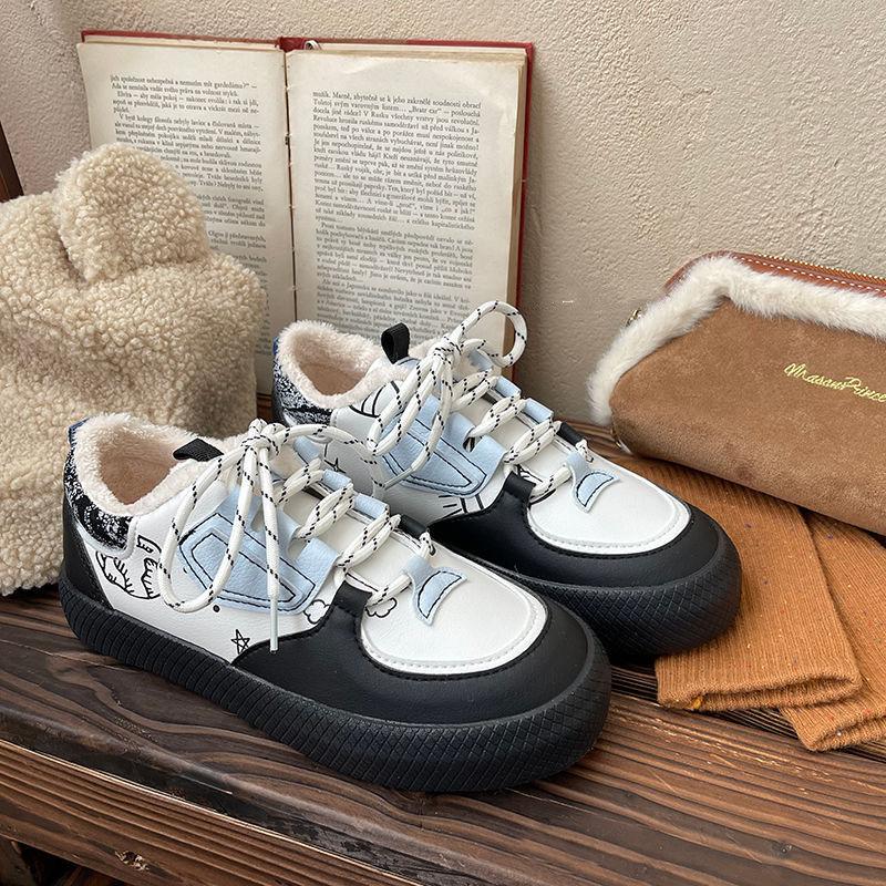 Women's White Shoes with Plush In Autumn and Winter Warm and Comfortable All-match Sneakers