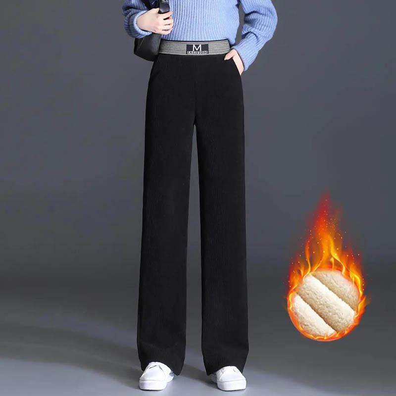 Plus Velvet Thickened Cord Velvet High Waist Wide Leg Pants Autumn Winter Loose Slim Fell In Straight Pants