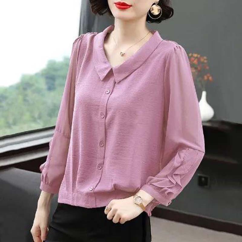Women's Summer Long Sleeve Chiffon Shirt Printed Loose Large Size Round Neck Solid Color Top