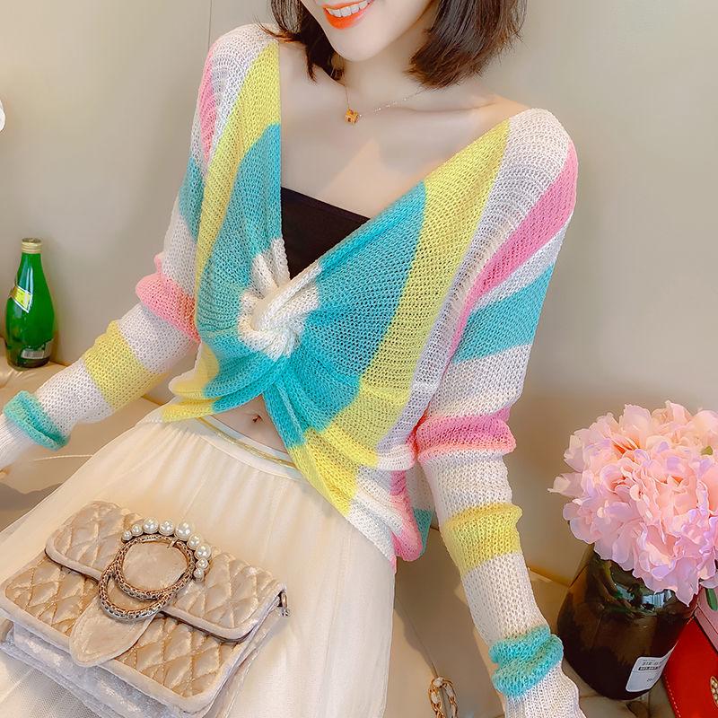 Western Style Spring and Autumn Clothes V-neck Cross-navel Short Loose Knit Sweater Rainbow Long-sleeved Sweater