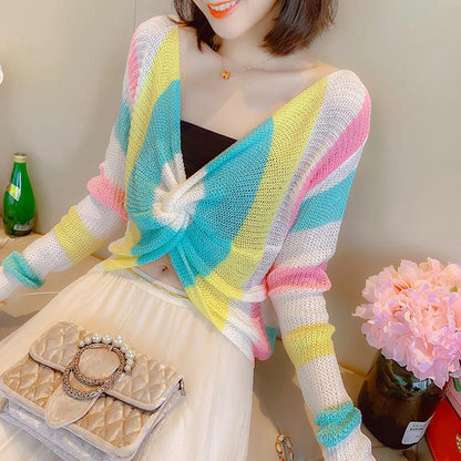 Western Style Spring and Autumn Clothes V-neck Cross-navel Short Loose Knit Sweater Rainbow Long-sleeved Sweater