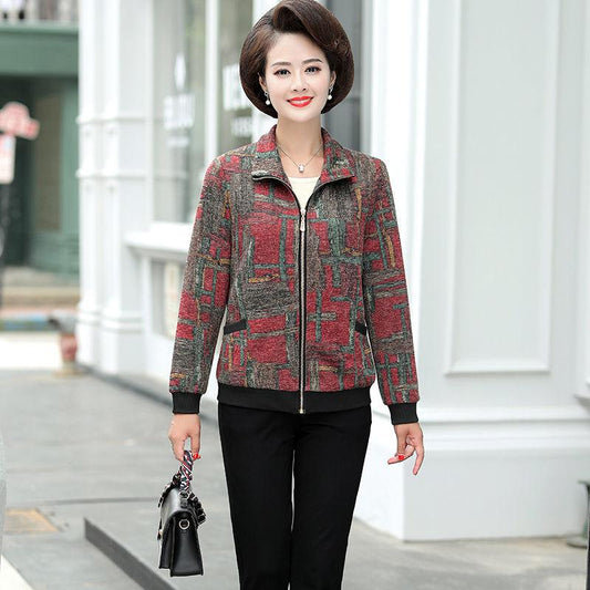 Women's Spring and Autumn Coat Versatile Short Jacket Middle-aged and Elderly Female Large Size Lapel Print Short Coat