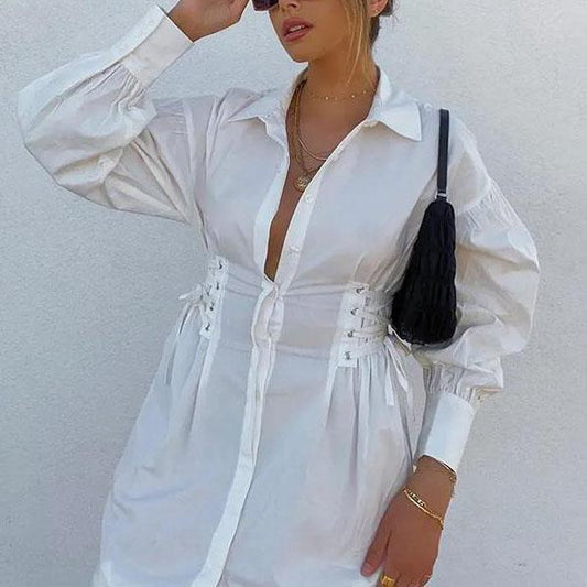 Female Vintage Solid Color Shirt Club Dress Loose Tie Strap Waist Slim Elegant Streetwear Dress
