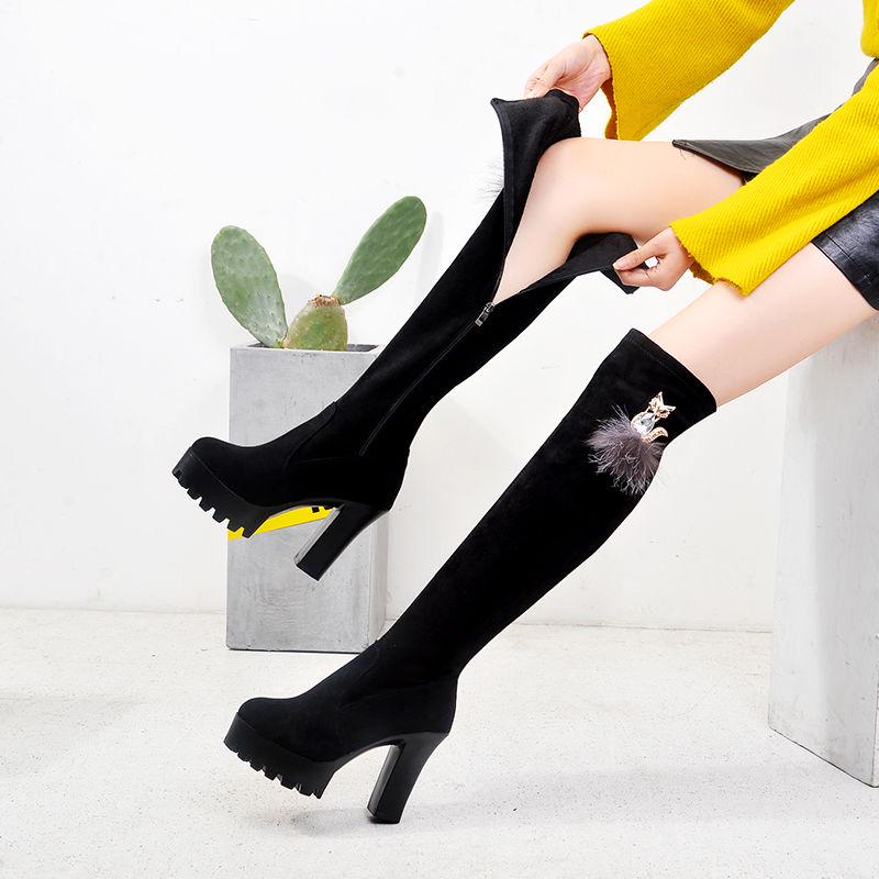 Over-the-knee boots women's high-heeled stretch boots side zip thick heel boots high boots