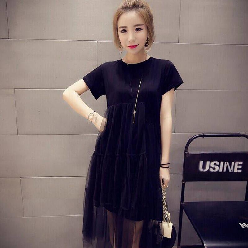 Mid-length Belly Mesh Stitching Dress Summer Dress Plus Size Fat Sister Loose and Thin T-shirt Skirt