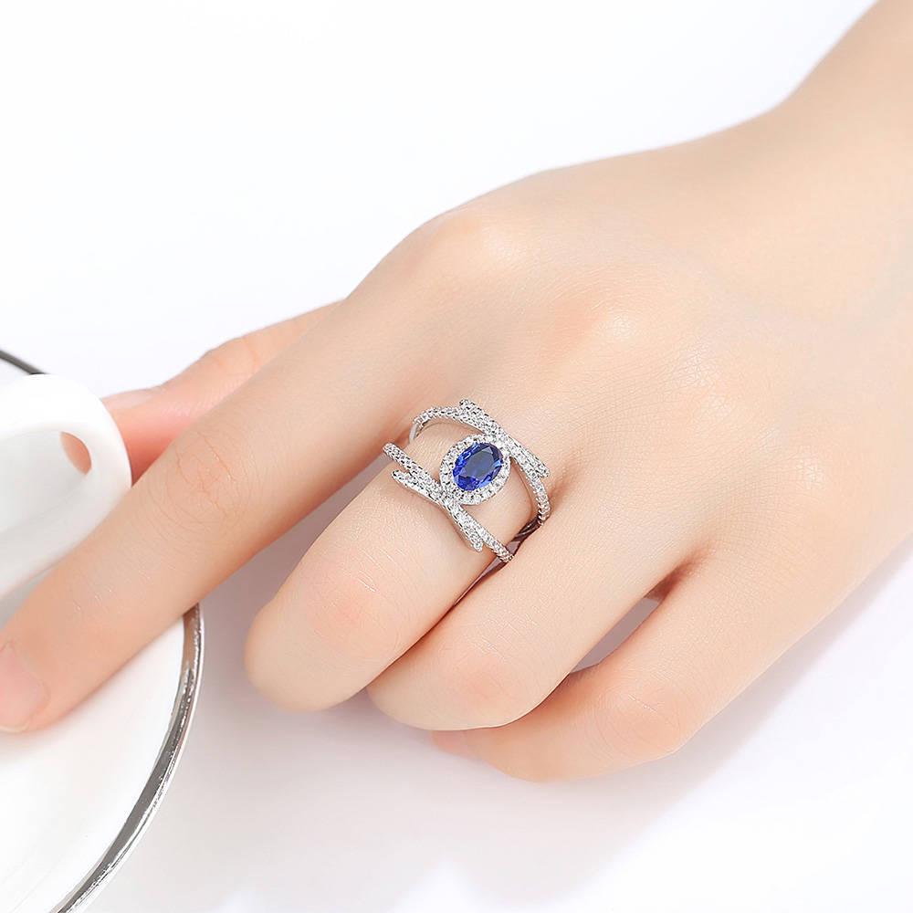 Royal Blue Love Heart Shaped Zircon Ring Single Zircon Ring Blue Oval Double Layer Multilayer Diamond Zircon Ring