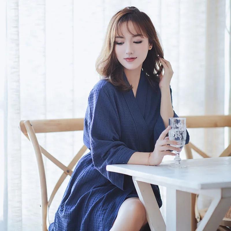 Women's Yukata Pajamas Robe Spring Autumn Loose Waffle Solid Color Bathrobe Long Sleeves Robe Sleeping Robes with Belt