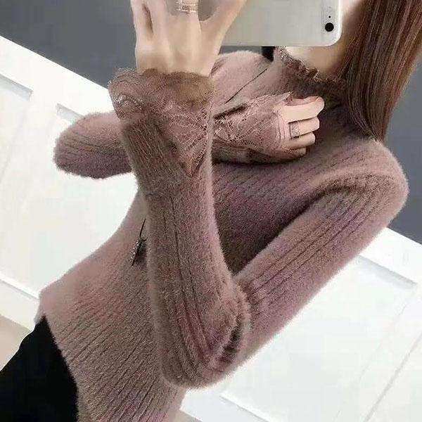 Imitation Mink Sweater Women Fall/winter Half High Neck Lace Stitching Lined Tight-fitting Knitted Bottoming Shirt