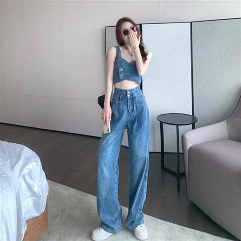 2PCS Denim Suit Women's Short Small Camisole Tube Top Top + Mopping Trousers High Street Two-piece Elegant Ladies Suit