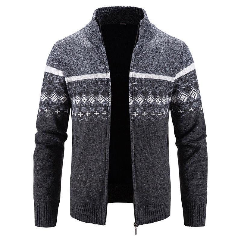 Men's Sweater Stitching Plus Fleece Warm Zipper Sweater Autumn and Winter Coat Loose Cardigan Sweater