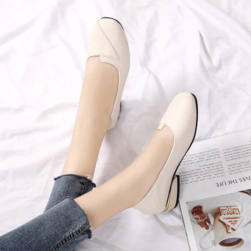 Women's Thick-heel Casual Shoes Mid-heel Pumps Professional Work Shoes Low-top Shoes Leather Shoes Mother Shoes