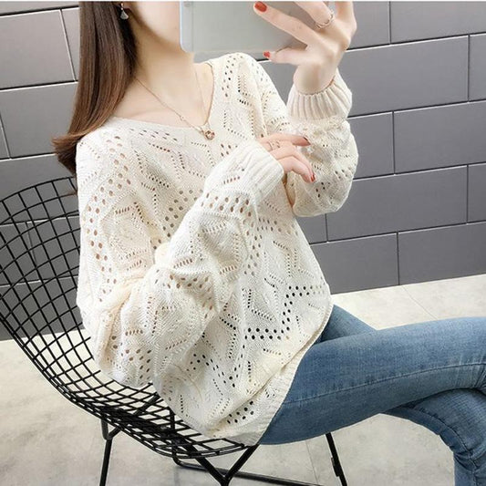 Hollow Women's Knitwear Spring and Autumn Style V-neck Loose Bottoming Shirt Short Long-sleeved Sweater Coat